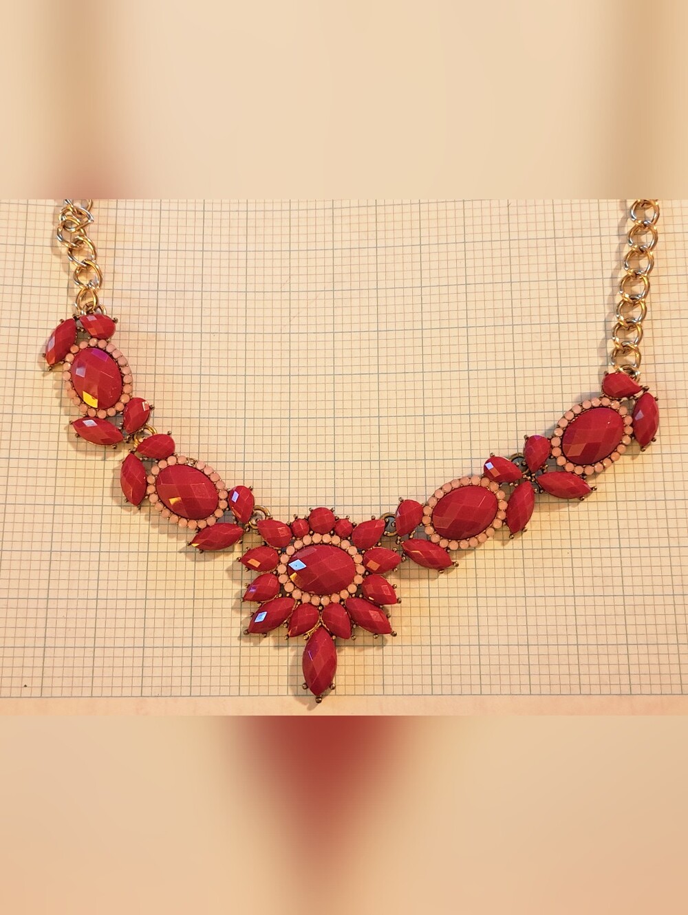 J. Crew Lipstick Red & Pink Crystal Floral Statement Necklace